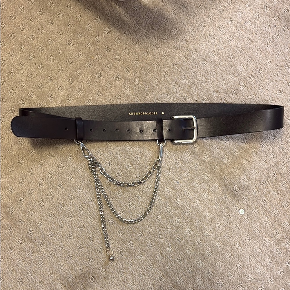 Anthropologie Black Leather Belt with Silver Chain Detail
